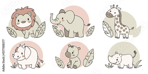 Cute Cartoon African Animals in a Pastel Safari Scene