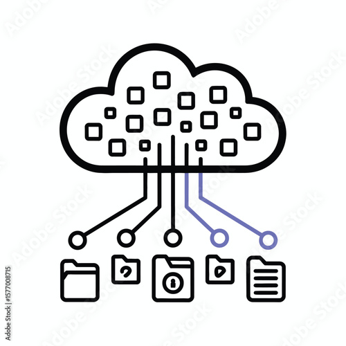 Black Outline Cloud Icon Filled with Small Squares Connected to File Folders and Documents via Thin Lines in a Blue Purple Gradient Cloud Backup System Illustration 1