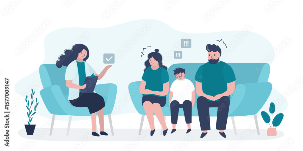 Obraz premium Family with kid boy during psychotherapy session in psychologist's office. Psychologist with patients in interior. Family psychotherapy,