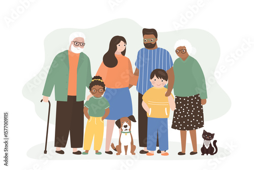 Big multi ethnic family. Happy parents, children, grandma and grandpa. Smiling dad, mom, kids and dog. Three generation standing together, family portrait.