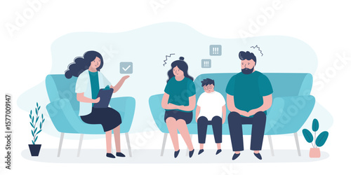 Family with kid boy during psychotherapy session in psychologist's office. Psychologist with patients in interior. Family psychotherapy,