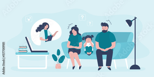 Family with daughter during online psychotherapy session. Psychologist with patients talking from laptop. Family psychotherapy,