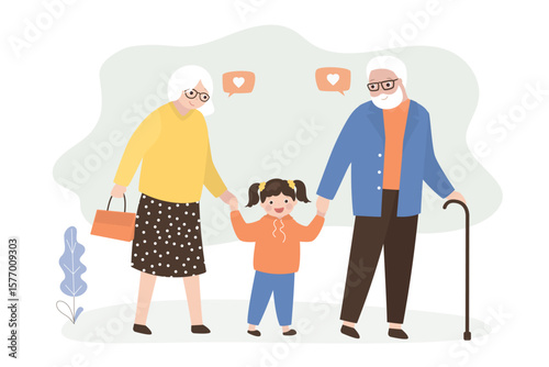 Granddaughter walking with grandparents. Elderly people and kid hand in hand. Happy grandparents with their grandchild taking a walk. Family, relationship