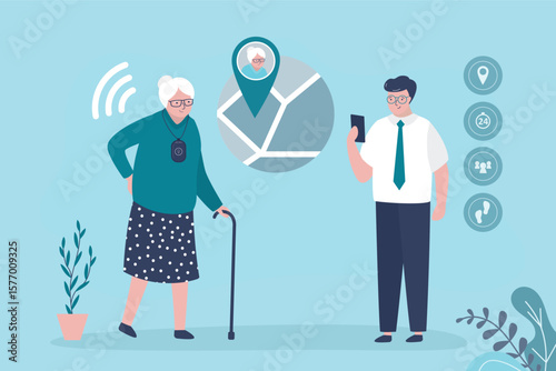 Aged woman wearing tracker, adult son or relative controlling grandmother location on mobile phone app