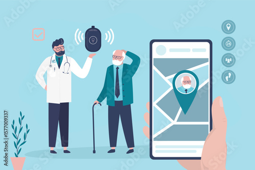 Senior GPS tracker, beneficial tool for keeping an eye on aging loved whereabouts. Doctor give tracker for elderly man, relative controlling grandfather on mobile phone app