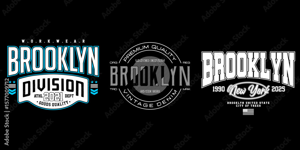 Obraz premium Brooklyn T shirt Design Collection: A compilation of three distinct typographic logos centered around the theme of Brooklyn, each showcasing a unique design aesthetic and style.