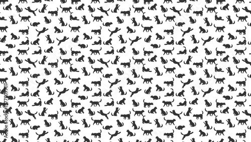 Seamless pattern of black cat silhouettes on white background in various poses and orientations
