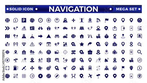 Location Solid icon set. Containing map, map pin, gps, destination, directions, distance, place, navigation and address icons. Navigation Solid icons collection.