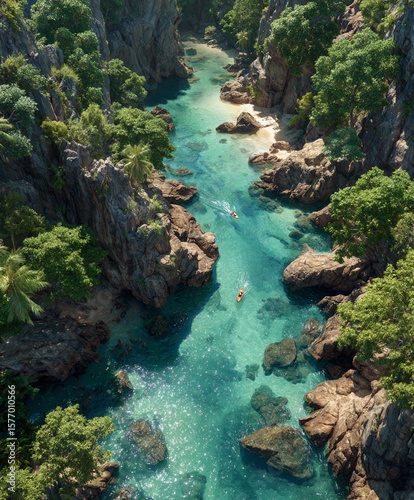 The creek, rock, bird eye view.