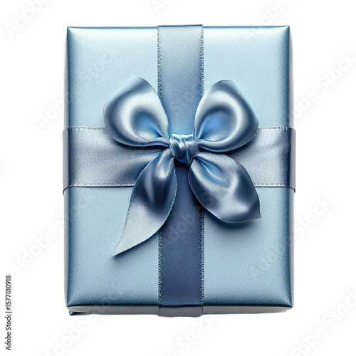 Extreme top view of a single silver-blue rectangular gift box with a metallic finish and satin ribbon bow isolated on a white transparent background