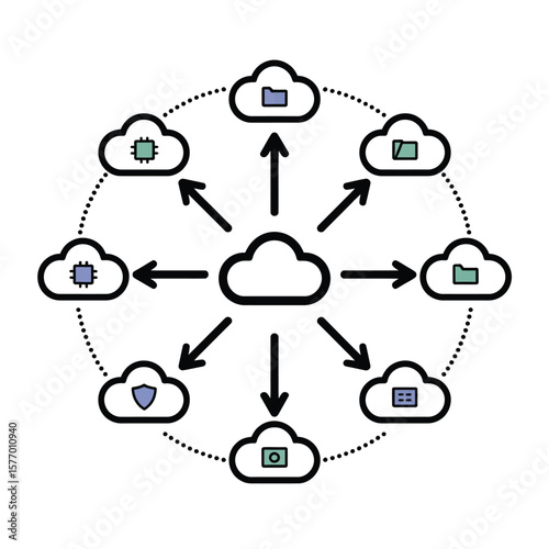 Cloud Computing Network Diagram Illustrating Data Transfer and Storage with Microchip Folder and Security Shield Icons in a Circular Arrangement Arrows Indicating Data Flow