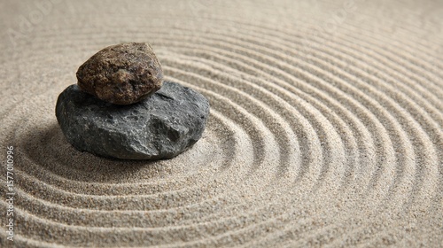 Rocks rest in raked sandy circle