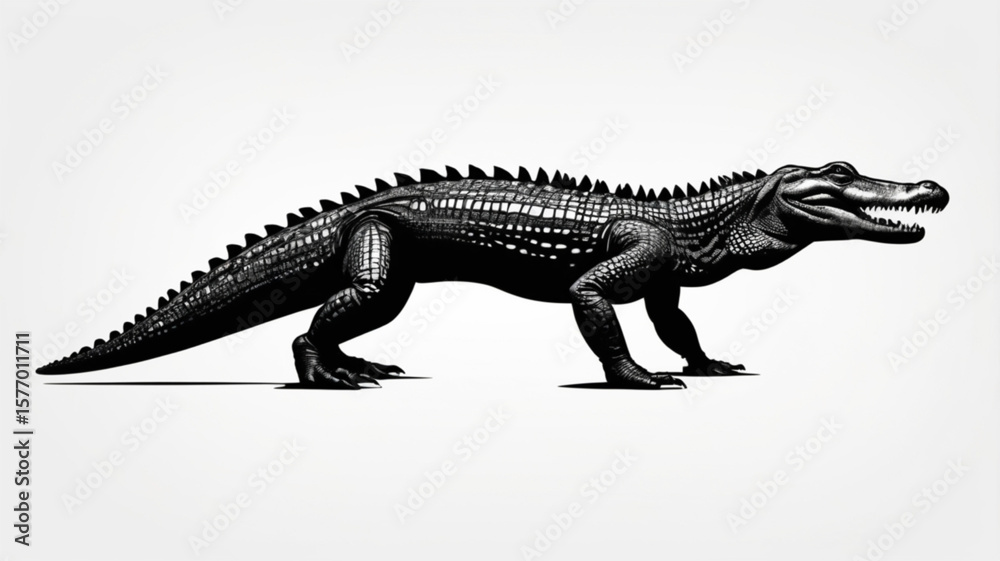 Fototapeta premium A detailed illustration of a crocodile, depicted in black and white, walking across a white background.