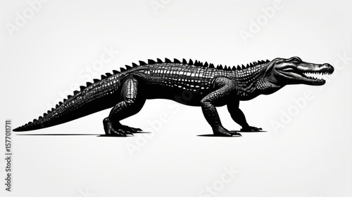A detailed illustration of a crocodile, depicted in black and white, walking across a white background.