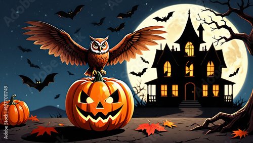 Spooky owl perched on jack o lantern before haunted house halloween bats