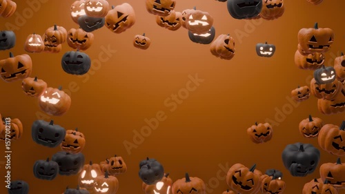 Circle of Halloween Pumpkins Frame Floating on Bright Orange Background, seamless loop
