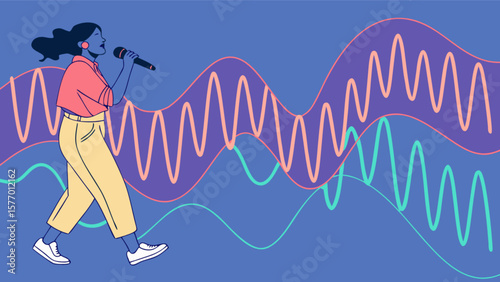Singer songwriter performing live music on stage with sound waves in the background vector illustration