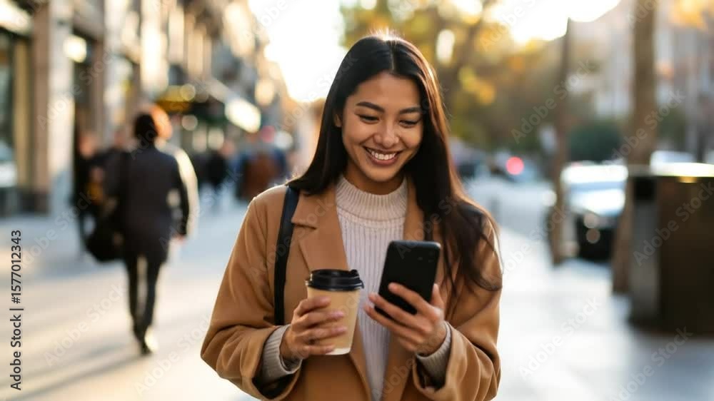 Smiling Asian Woman with Coffee Using Her Phone on a Sunny Urban Street Scene Smiling Asian Woman with Coffee Using Her Phone on a Sunny Urban Street Scene