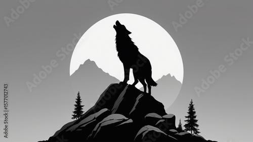 Silhouette of a howling wolf on a mountaintop under a full moon.