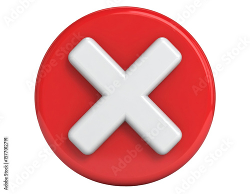 Red cross button icon with glossy finish and cancel symbol isolated on white background