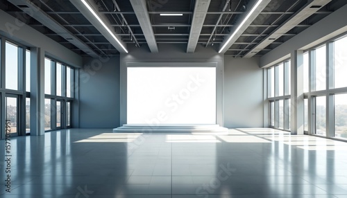 Modern car showroom with empty display area. Blank backdrop features geometric design. White screen serves as focal point in spacious room. High ceiling allows natural light to enter. Industrial