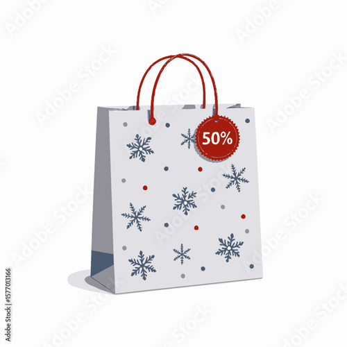 Decorative shopping bag with snowflakes and discount tag  