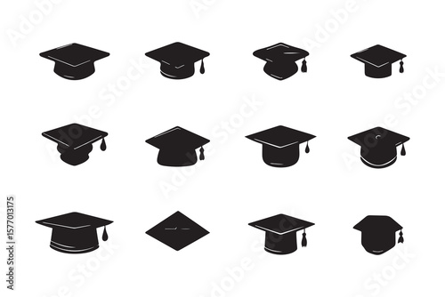 Graduation Cap Icons:  Simple, Black Silhouette Vector Set for Education Branding and Websites.