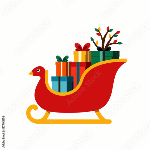 Colorful sleigh filled with gifts and a decorative tree design  
