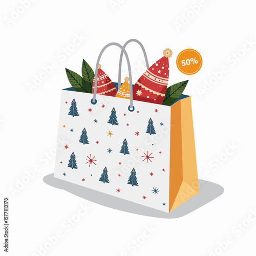 Christmas gift bag with decorative ornaments and foliage inside  