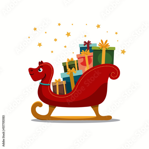 Cartoon sleigh with gifts and a dog character celebrating Christmas  