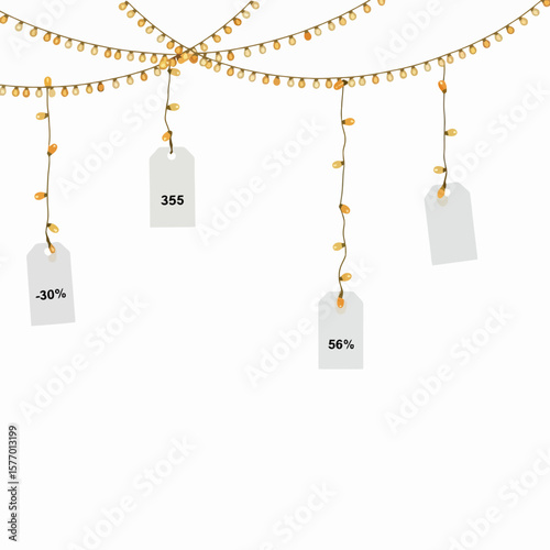 Decorative string lights with sale tags hanging against white background  