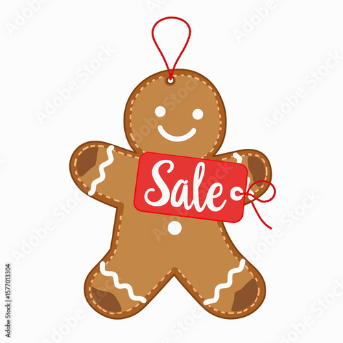 Gingerbread man with sale tag and smiling face for holiday promotion  