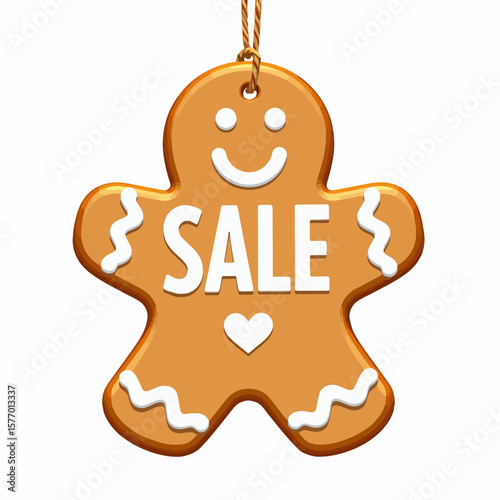 Gingerbread man cookie with sale sign hanging on string  