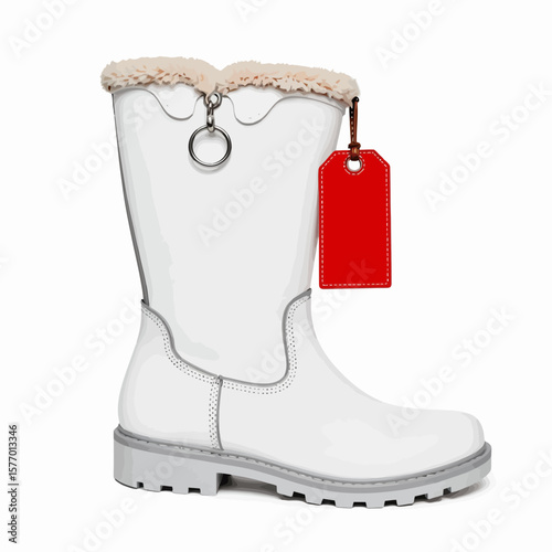 White rubber boot with fur lining and red price tag  