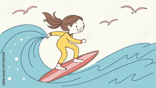 Girl surfing on wave illustration vector design summer beach vacation outdoor sport lifestyle activity fun 100