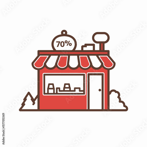 Red storefront with signage offering 70% discount on sales  