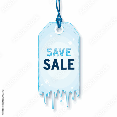 Sale tag with save text in icy blue color and dripped design  