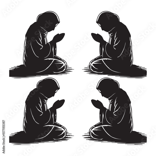 Silhouette of People Praying on Mats - Islamic Worship Illustration.