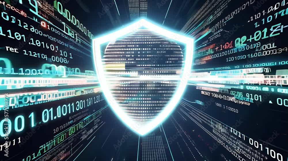 Rotating digital shield surrounded by glowing binary code and streaming numbers on a cyberspace