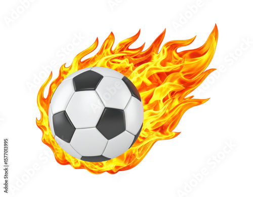 Burning football with dynamic fire trail and intense motion effect isolated on white background
