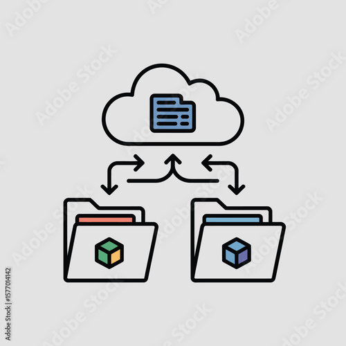 Flat Design Illustration Two Folders Syncing Data Files to Cloud Server via Network Arrows Colorful Cube Icons Inside Folders Document Icon in Cloud Server Data Backup System
