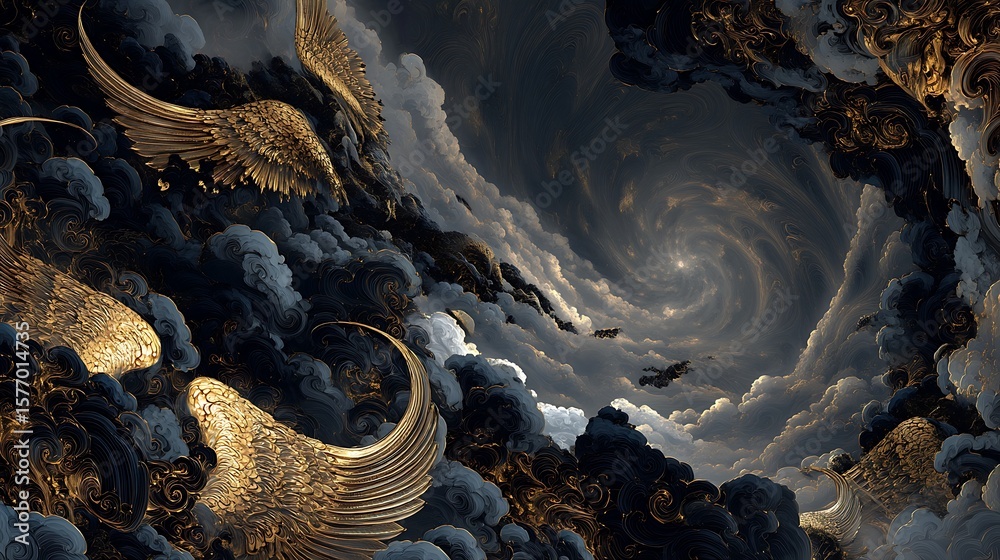 Fototapeta premium digital wall art depicting winged demons in black and gold fighting amidst a swirling tornado in the sky, dramatic lighting, dark fantasy style, highly detailed 