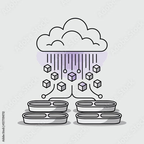 Grey White Outline Style Cloud Data Storage Illustration Downloading Cubes Servers Network Digital Technology Concept Data Cubes Transferring from Cloud to Servers Network Grey