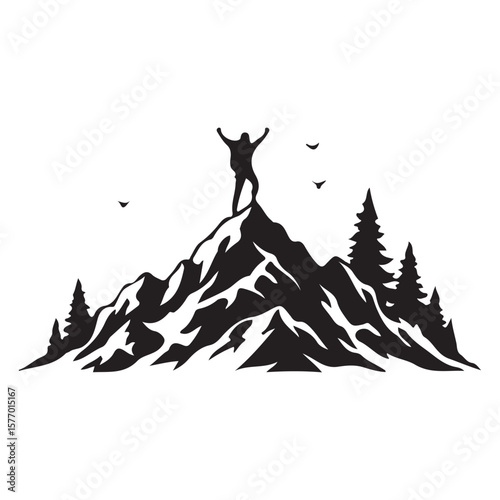 "Silhouette of Hiker Climbing Mountain with Backpack - Adventure and Nature Illustration"