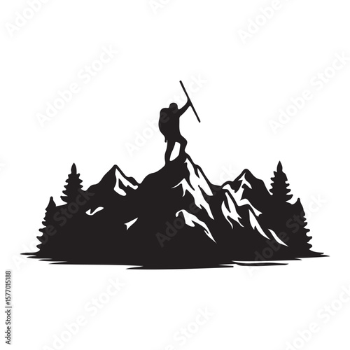 "Silhouette of Hiker Climbing Mountain with Backpack - Adventure and Nature Illustration"
