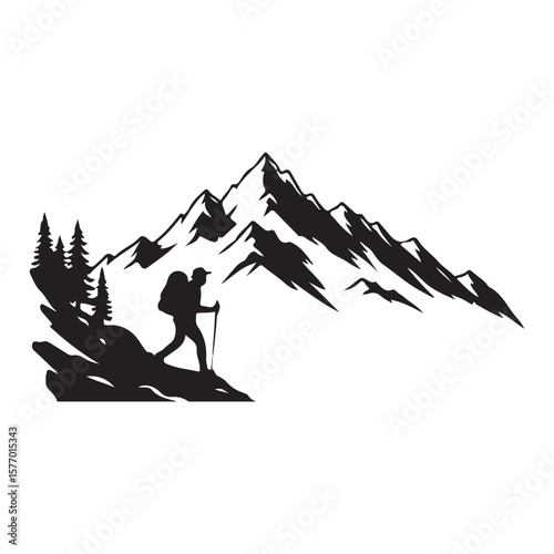 "Silhouette of Hiker Climbing Mountain with Backpack - Adventure and Nature Illustration"