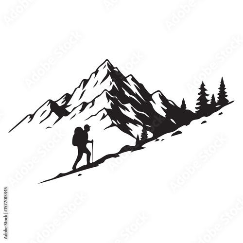 "Silhouette of Hiker Climbing Mountain with Backpack - Adventure and Nature Illustration"