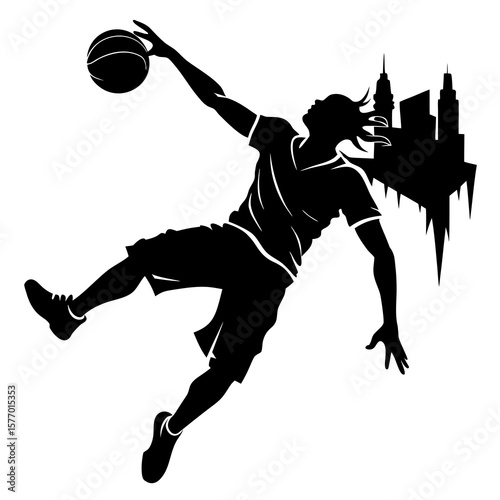 Basketball player dunking over city skyline street