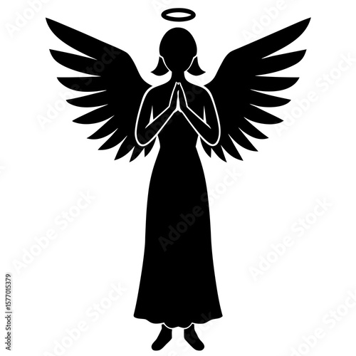 black angel silhouette praying with halo clip art preview