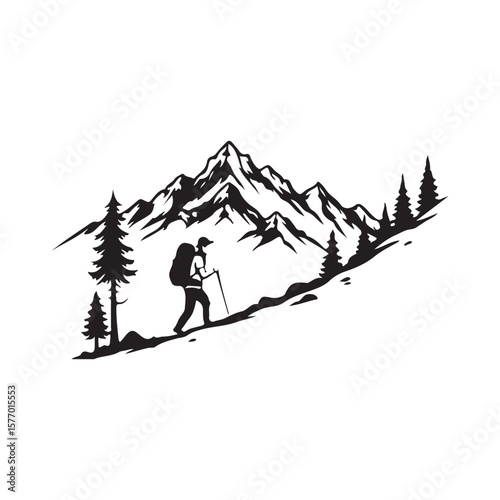 "Silhouette of Hiker Climbing Mountain with Backpack - Adventure and Nature Illustration"